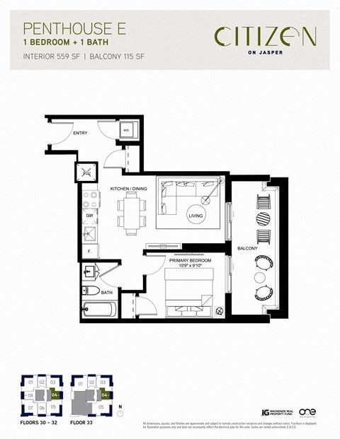 Floor plan for 1 bed, 1 bath, 559 sqft